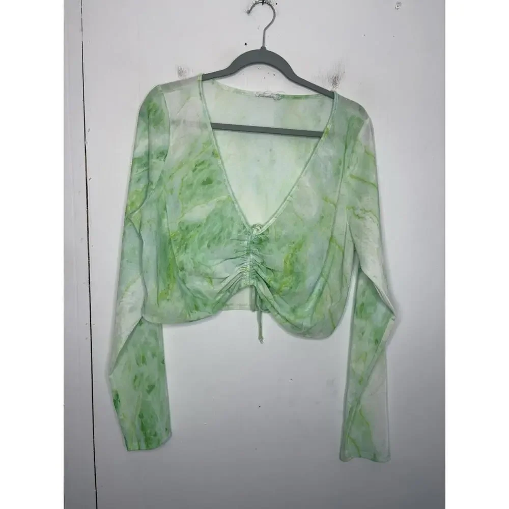 Good American Top Womens Size 5 2X Mesh Cropped Ruched Sheer Long Sleeve